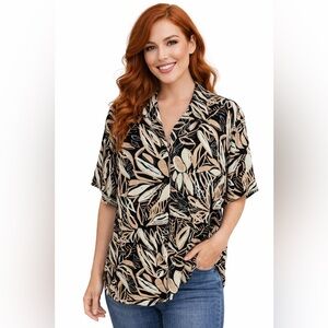 Notations Y2K Vintage Leaf Print Button Front Blouse Short Sleeve